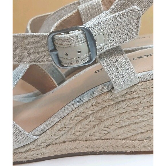 Lucky Brand Sandals Sz 8.5 Strappy Espadrille Wedge Heel Natural & Gold Metallic - Picture 11 of 16